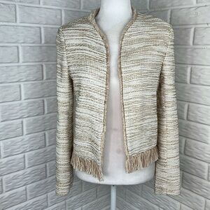 MNG MANGO TWEED JACKET LINED CREAM AND TAN FRINGE HEM OPEN FRONT SIZE XS